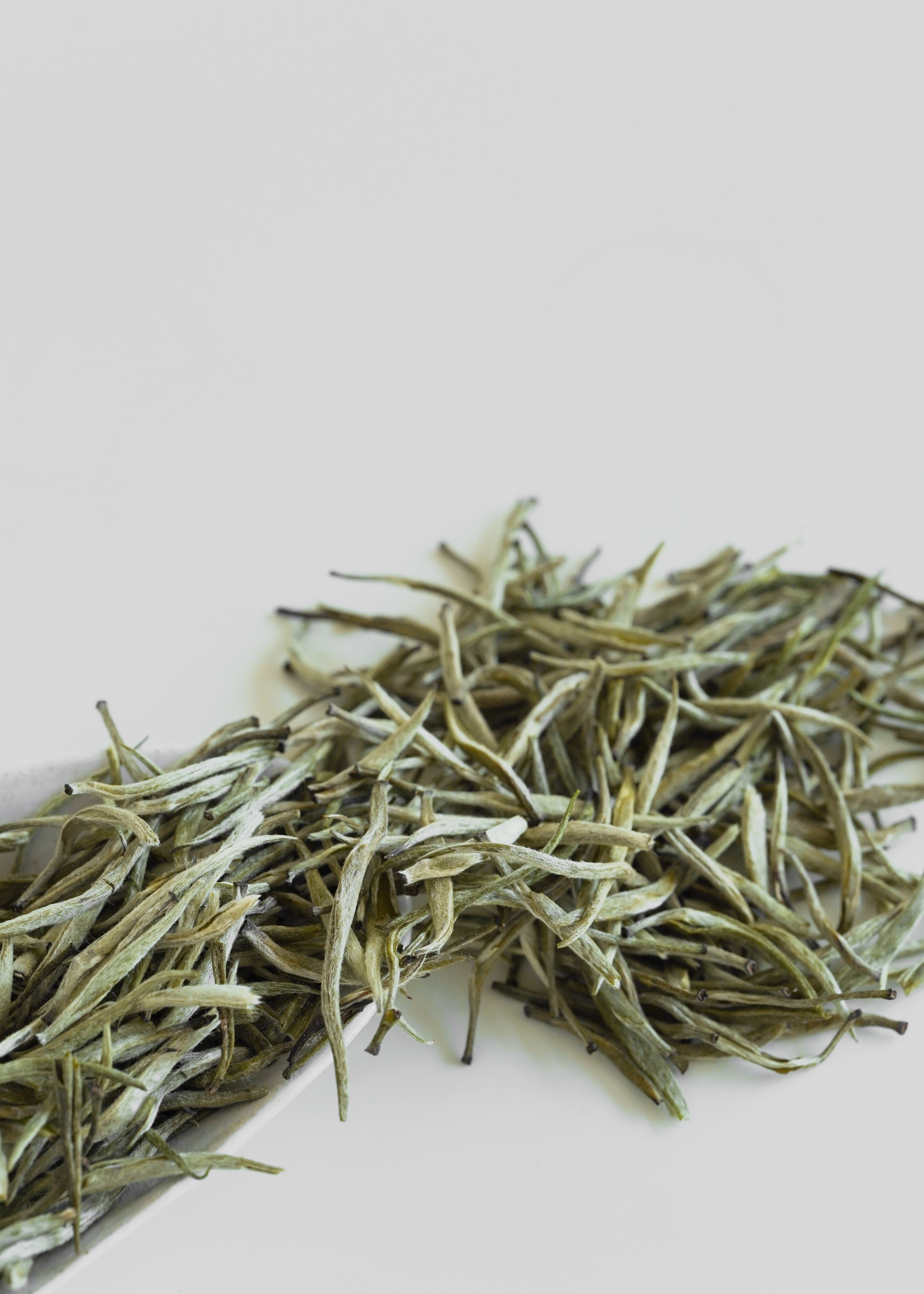 Dry green tea leaves on a white background. Orchid yellow tea