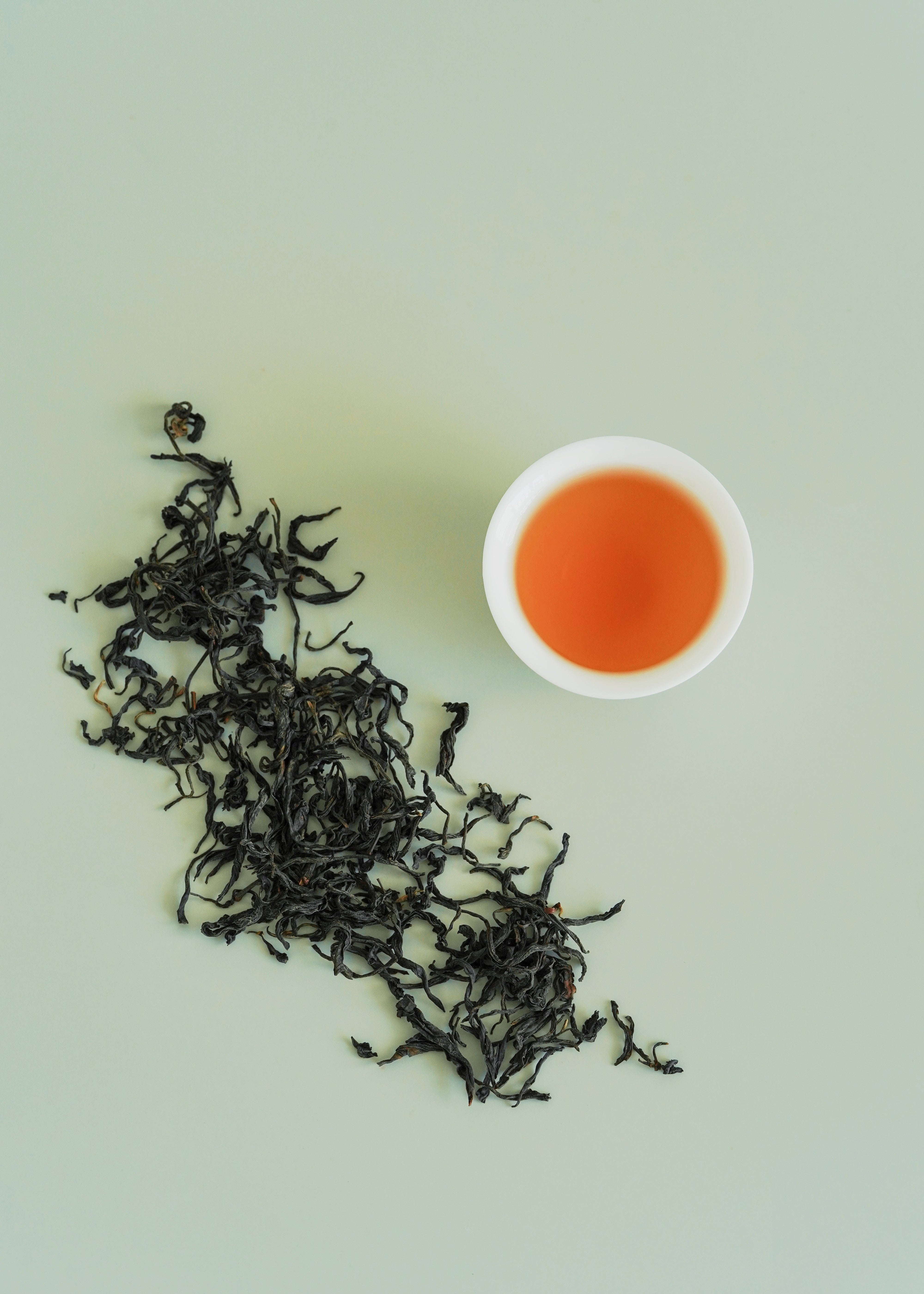 Black tea leaves and a small cup of red tea on a light green background. Wild tree black tea