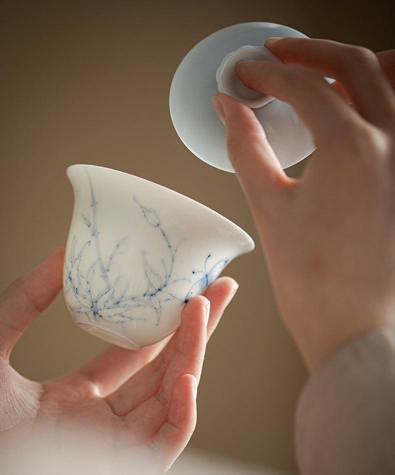 Hand-Painted Bamboo Gaiwan - Thin White Porcelain