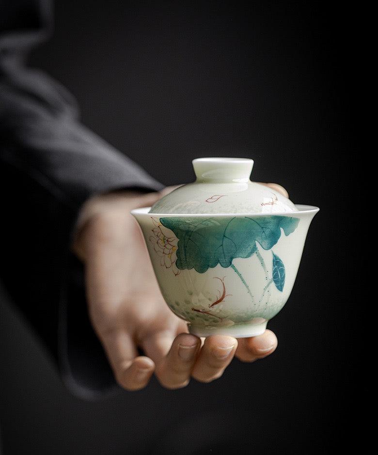 Hand-Painted Lotus Porcelain Gaiwan