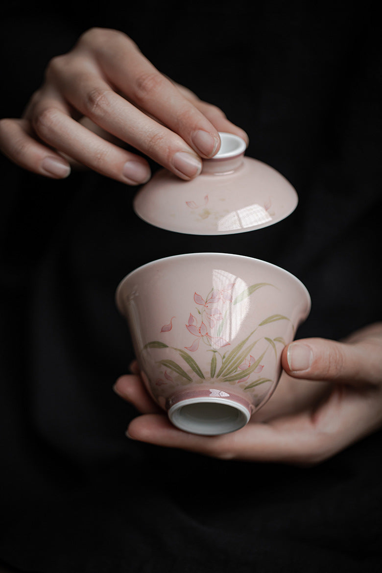 Fine Porcelain Orchid Blossom Hand-Painted Gaiwan