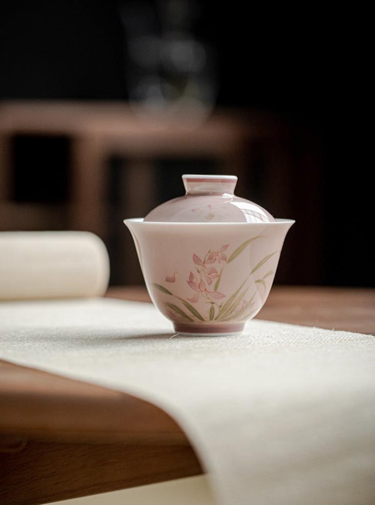 Fine Porcelain Orchid Blossom Hand-Painted Gaiwan